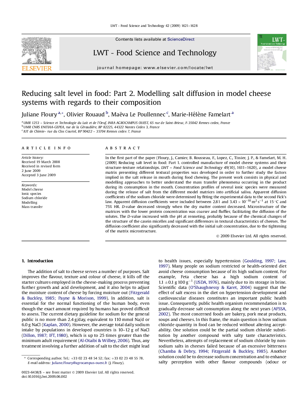 Reducing salt level in food: Part 2. Modelling salt diffusion in model cheese systems with regards to their composition