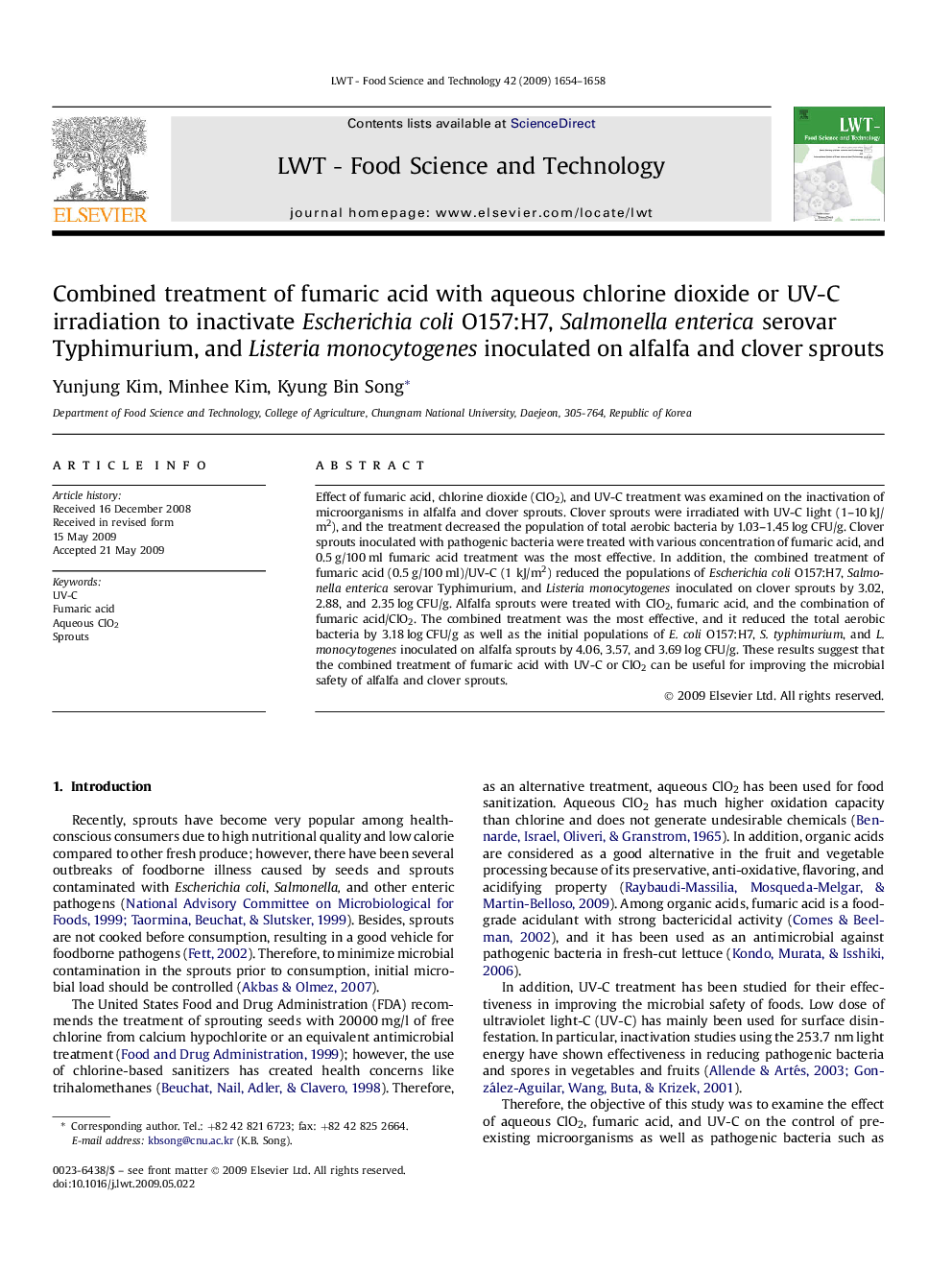 Combined treatment of fumaric acid with aqueous chlorine dioxide or UV-C irradiation to inactivate Escherichia coli O157:H7, Salmonella enterica serovar Typhimurium, and Listeria monocytogenes inoculated on alfalfa and clover sprouts