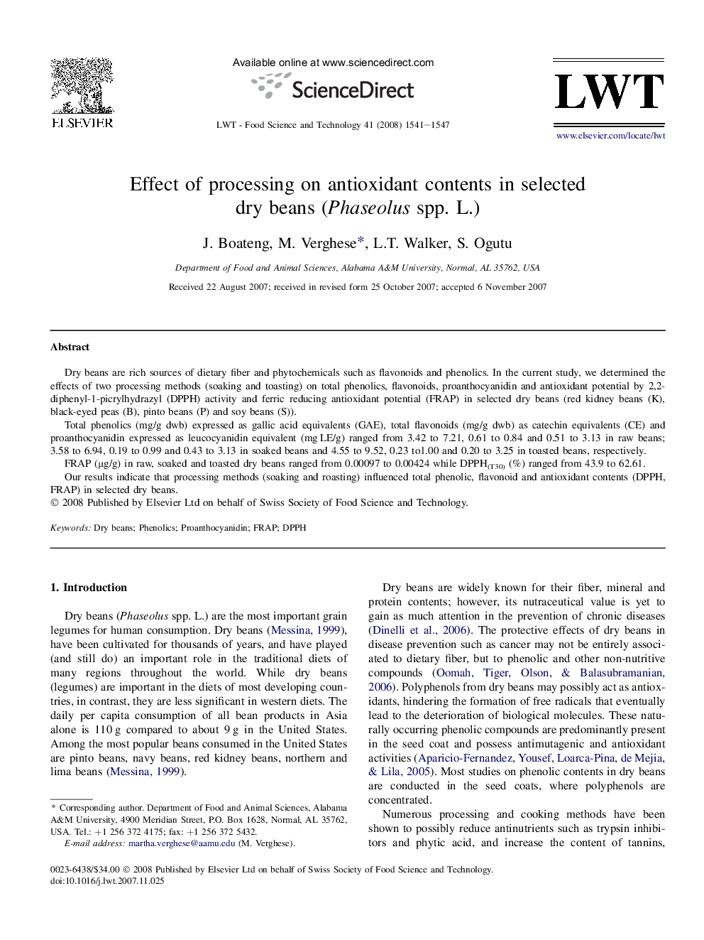 Effect of processing on antioxidant contents in selected dry beans (Phaseolus spp. L.)