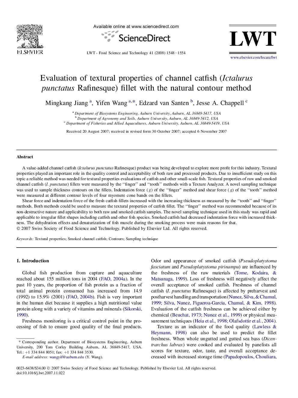 Evaluation of textural properties of channel catfish (Ictalurus punctatus Rafinesque) fillet with the natural contour method