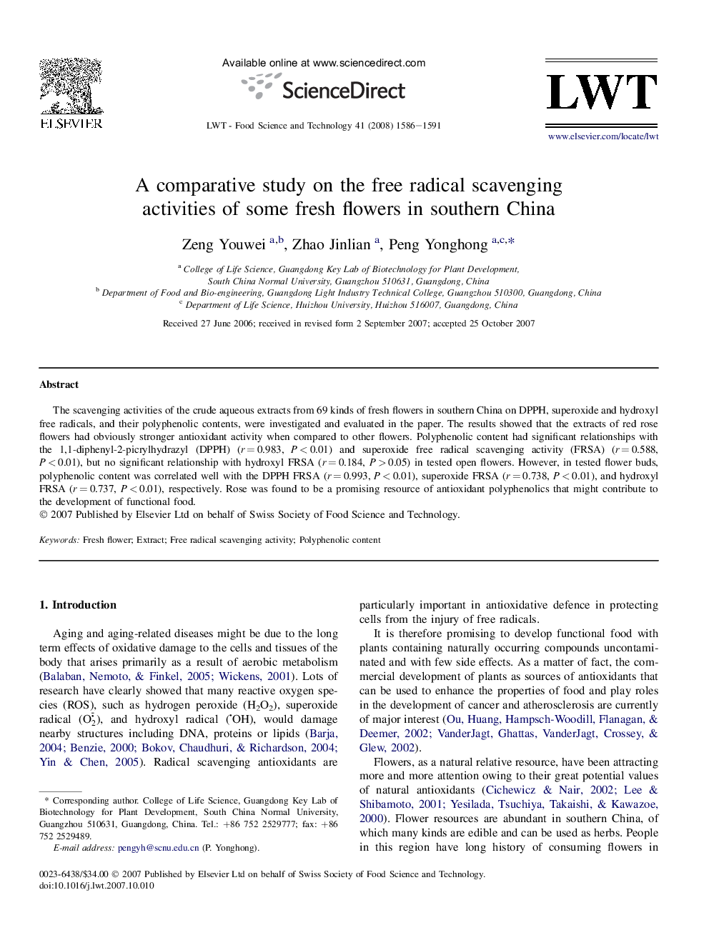 A comparative study on the free radical scavenging activities of some fresh flowers in southern China