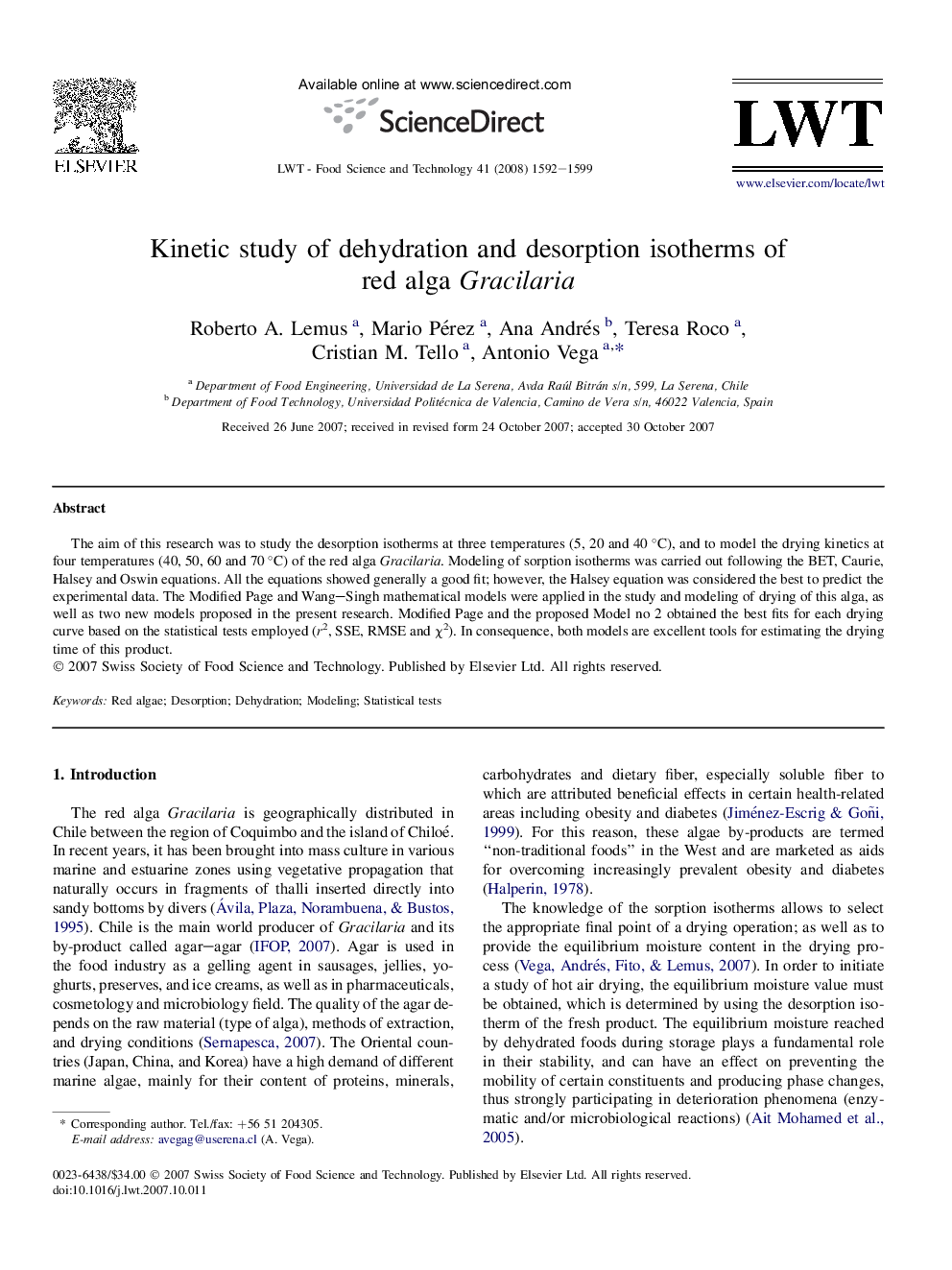 Kinetic study of dehydration and desorption isotherms of red alga Gracilaria