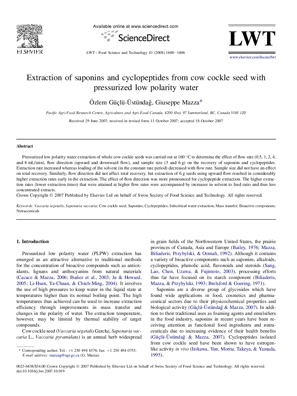 Extraction of saponins and cyclopeptides from cow cockle seed with pressurized low polarity water