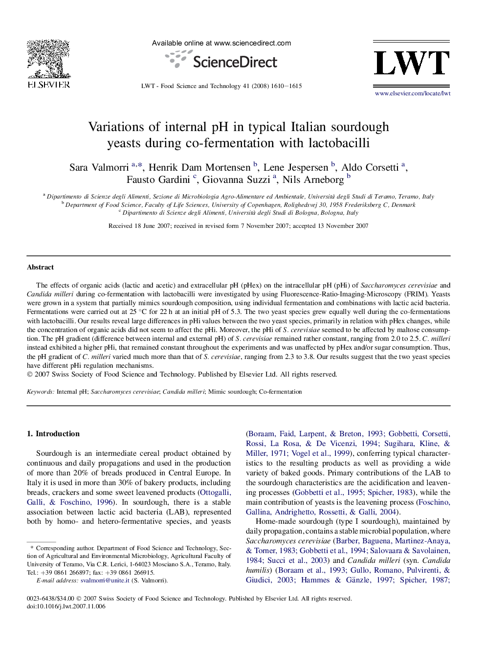 Variations of internal pH in typical Italian sourdough yeasts during co-fermentation with lactobacilli