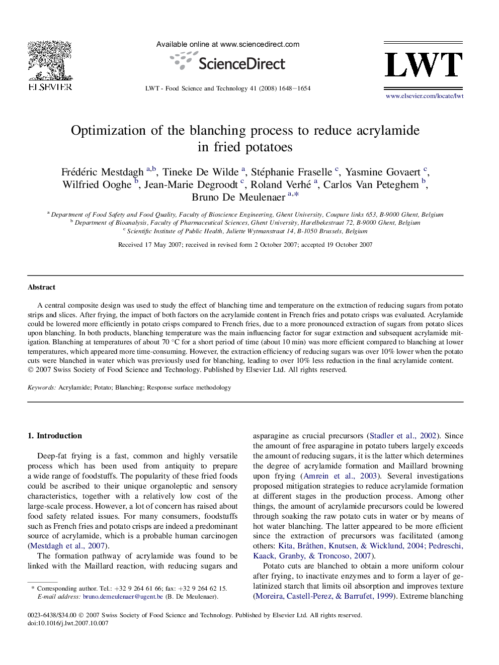 Optimization of the blanching process to reduce acrylamide in fried potatoes