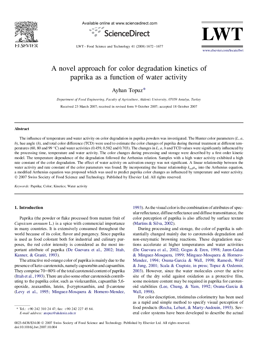 A novel approach for color degradation kinetics of paprika as a function of water activity