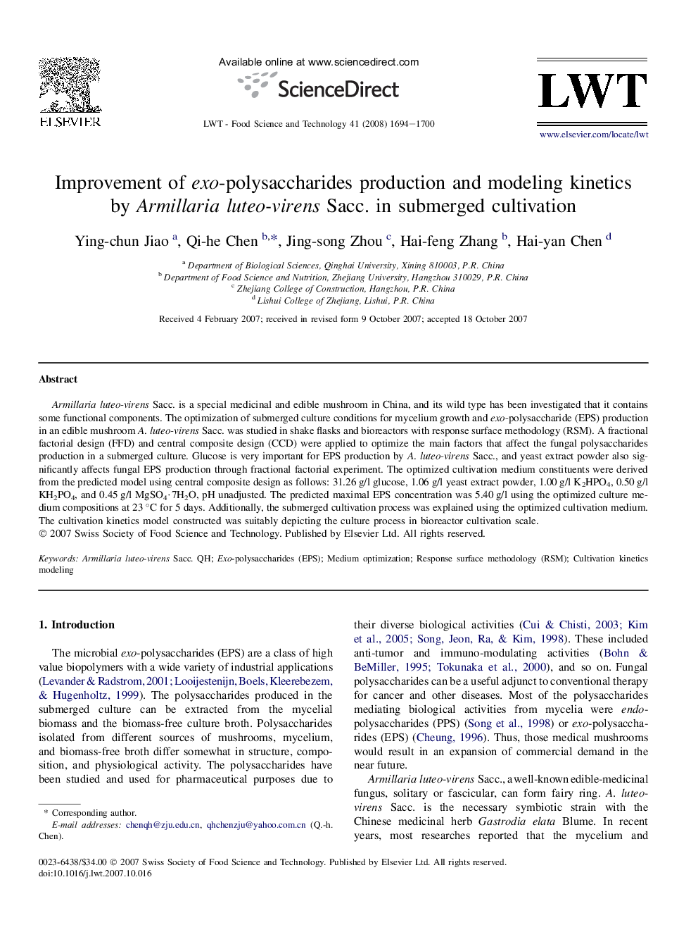 Improvement of exo-polysaccharides production and modeling kinetics by Armillaria luteo-virens Sacc. in submerged cultivation