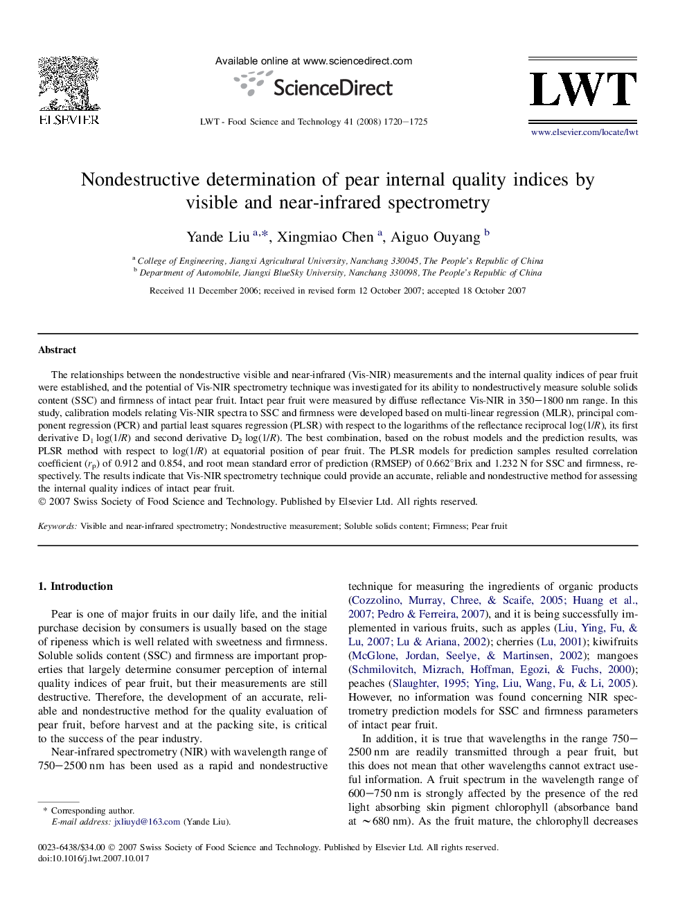 Nondestructive determination of pear internal quality indices by visible and near-infrared spectrometry