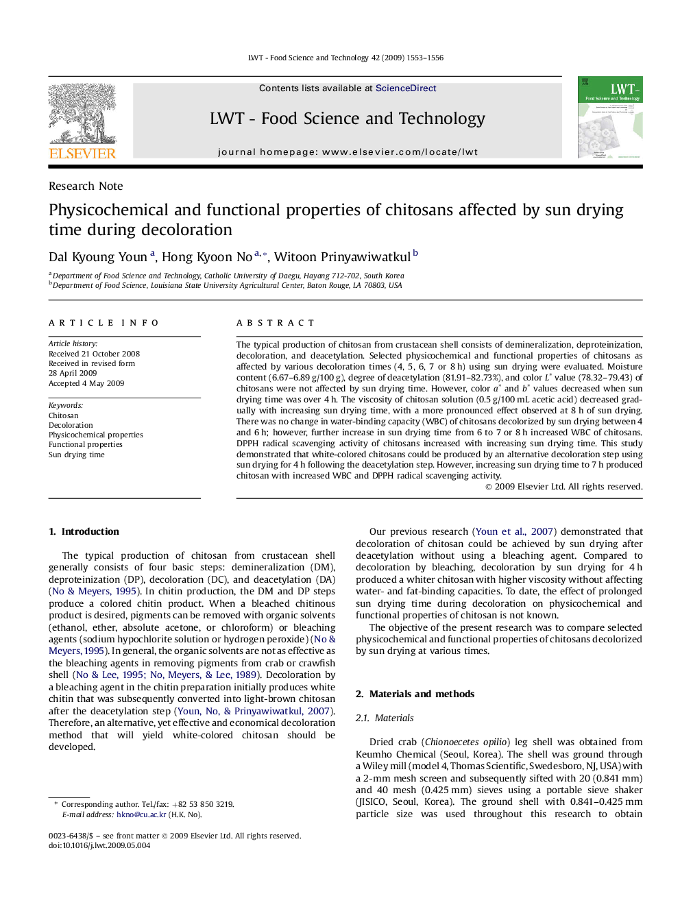 Physicochemical and functional properties of chitosans affected by sun drying time during decoloration