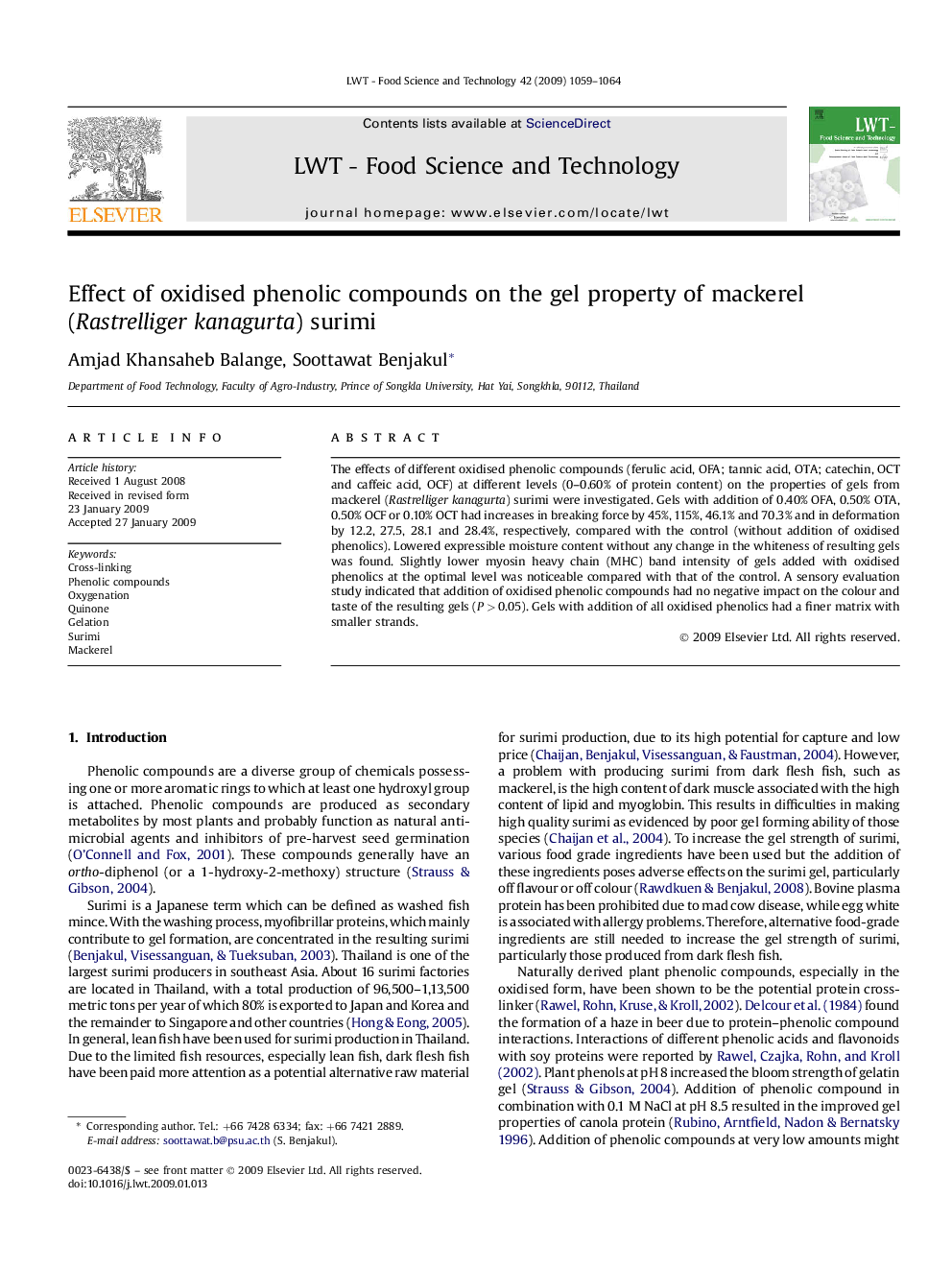 Effect of oxidised phenolic compounds on the gel property of mackerel (Rastrelliger kanagurta) surimi