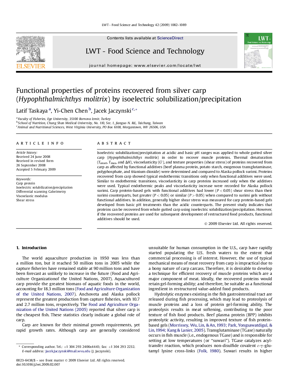 Functional properties of proteins recovered from silver carp (Hypophthalmichthys molitrix) by isoelectric solubilization/precipitation