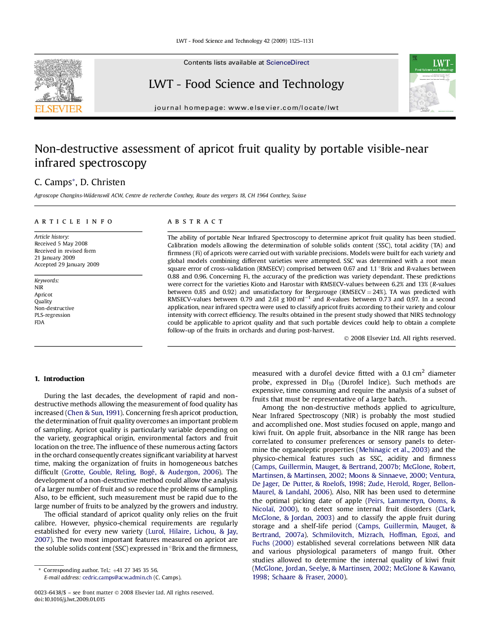 Non-destructive assessment of apricot fruit quality by portable visible-near infrared spectroscopy