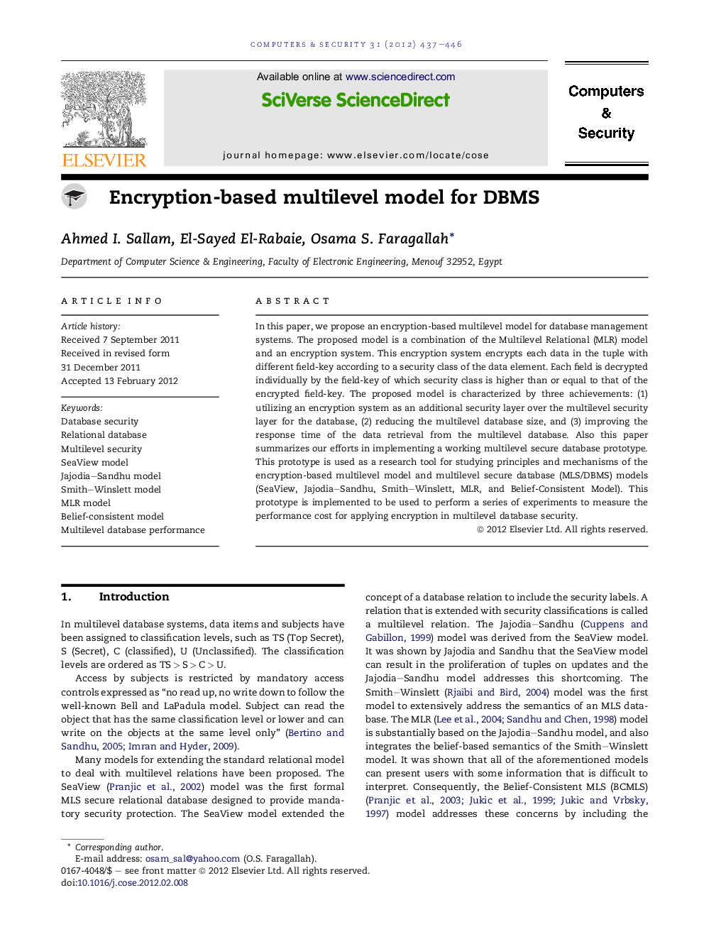 Encryption-based multilevel model for DBMS