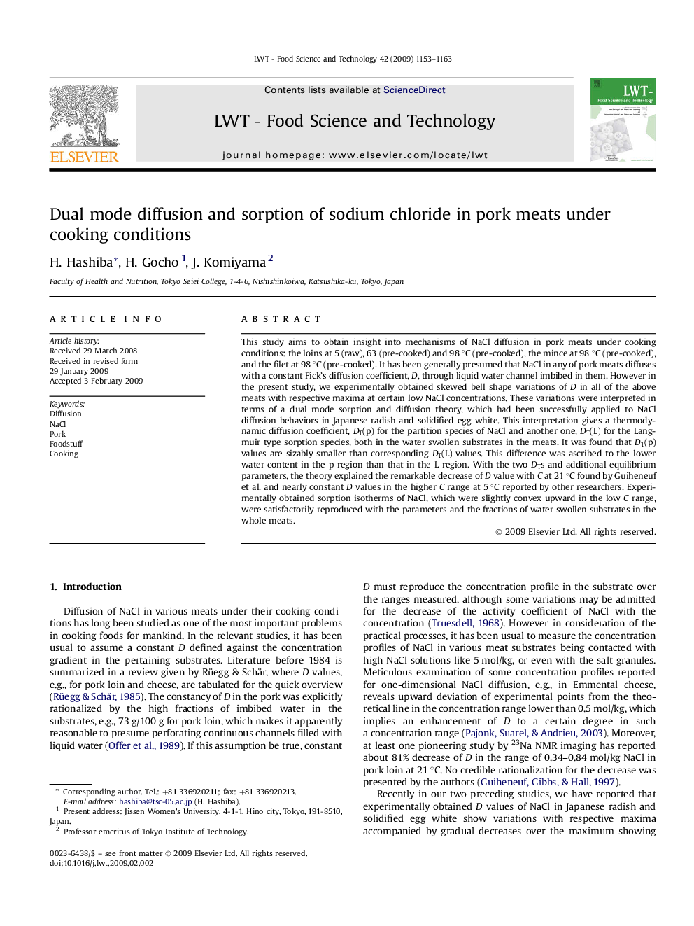 Dual mode diffusion and sorption of sodium chloride in pork meats under cooking conditions