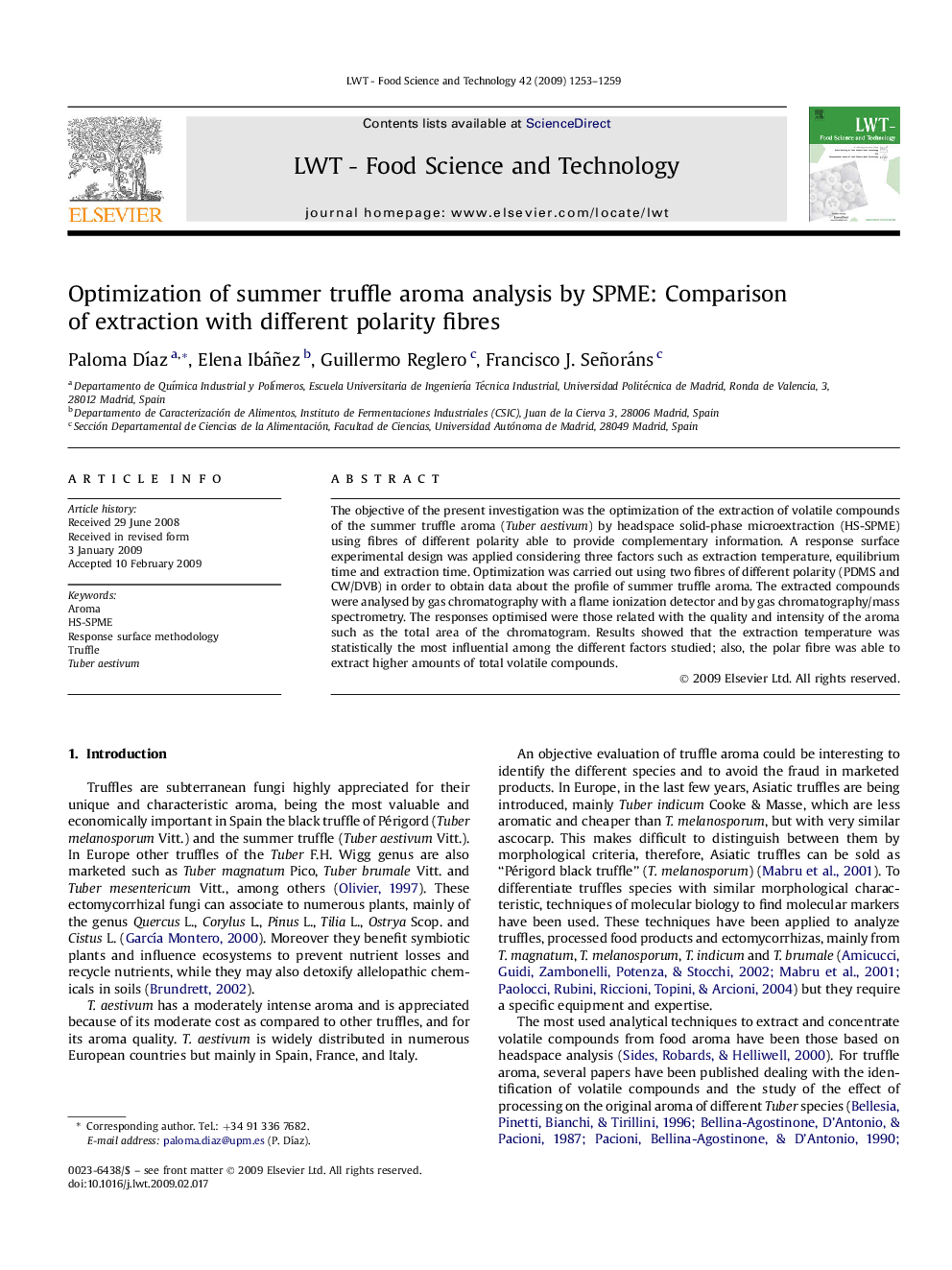 Optimization of summer truffle aroma analysis by SPME: Comparison of extraction with different polarity fibres