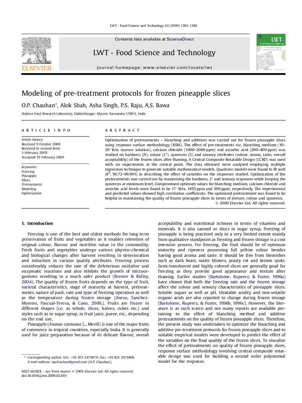 Modeling of pre-treatment protocols for frozen pineapple slices