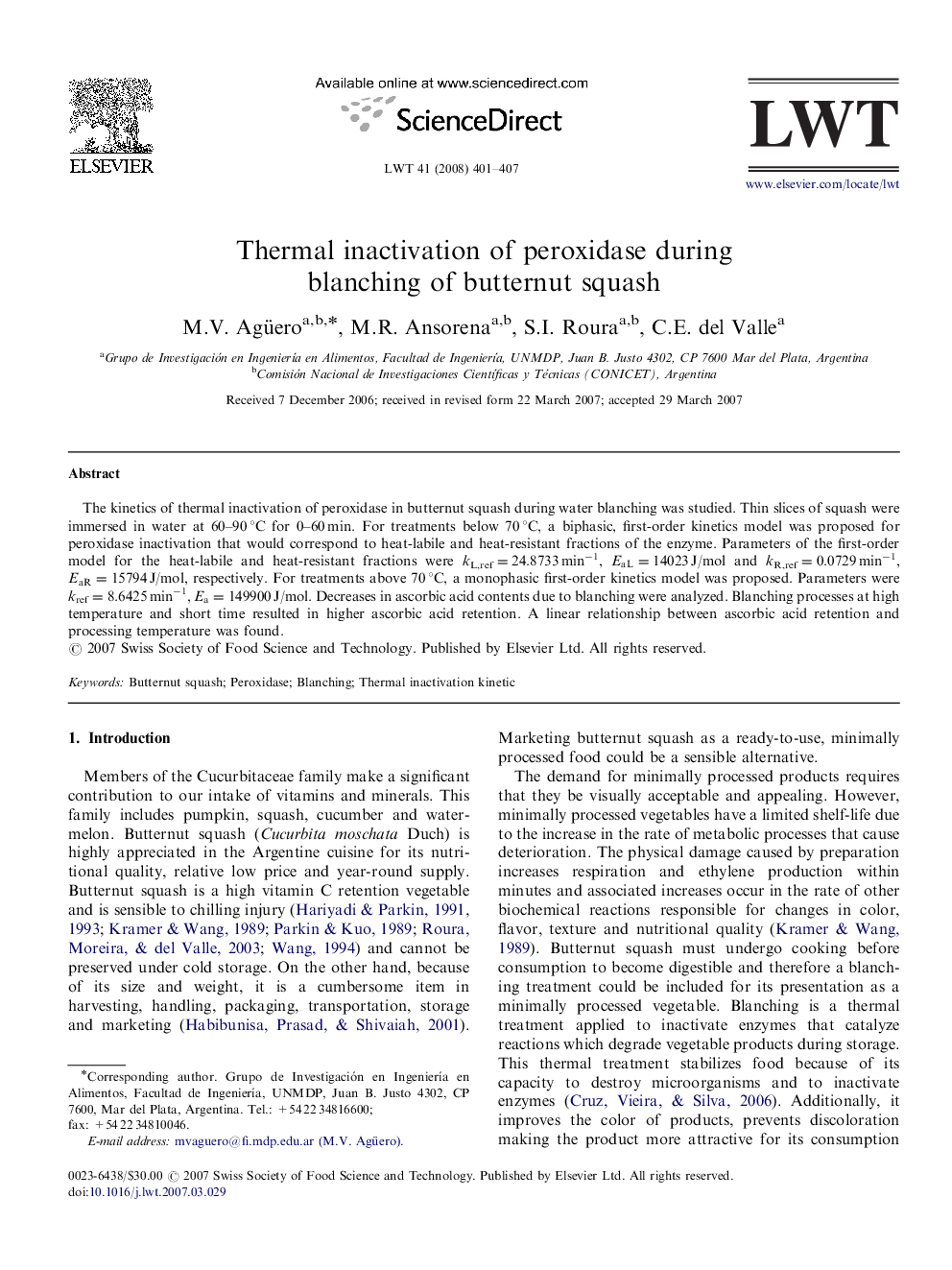 Thermal inactivation of peroxidase during blanching of butternut squash