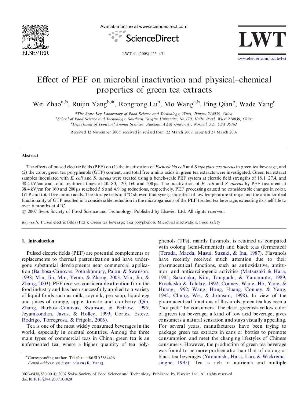 Effect of PEF on microbial inactivation and physical–chemical properties of green tea extracts