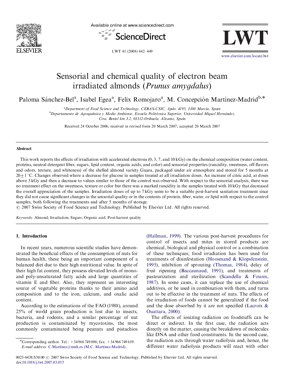 Sensorial and chemical quality of electron beam irradiated almonds (Prunus amygdalus)