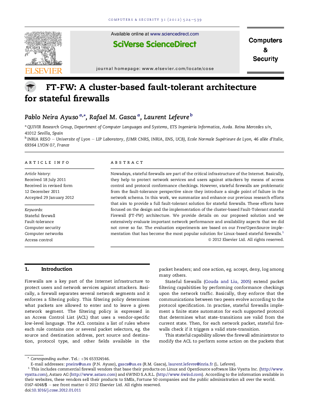 FT-FW: A cluster-based fault-tolerant architecture for stateful firewalls