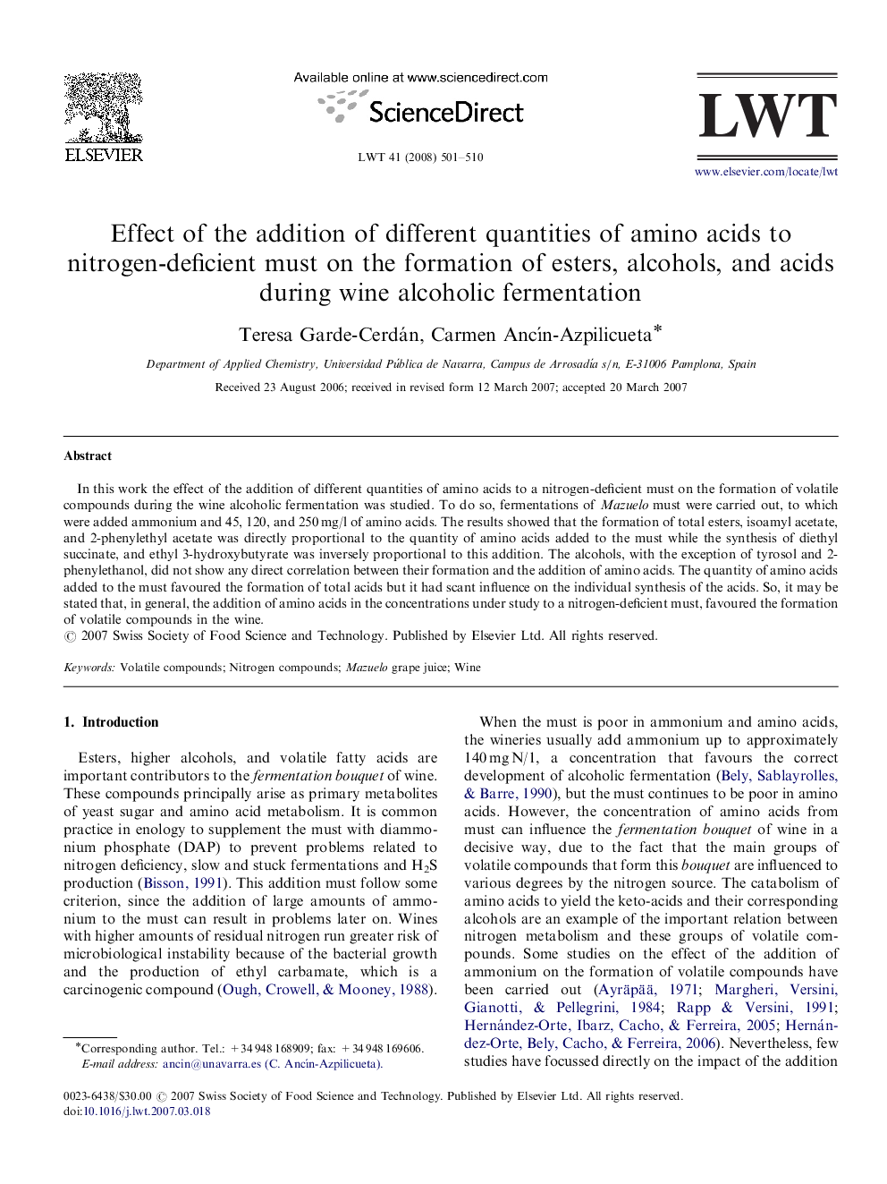 Effect of the addition of different quantities of amino acids to nitrogen-deficient must on the formation of esters, alcohols, and acids during wine alcoholic fermentation