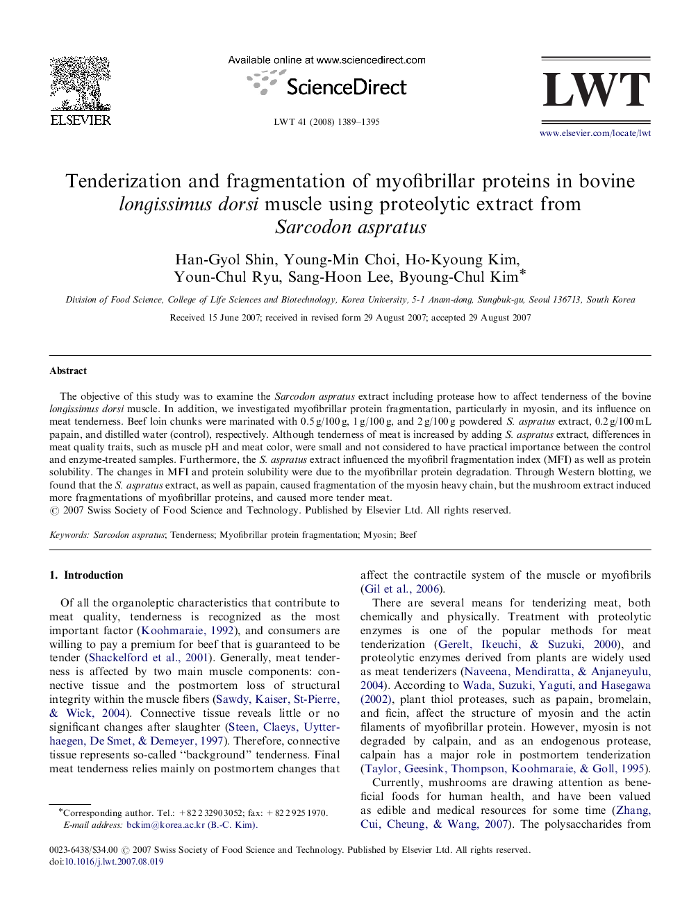 Tenderization and fragmentation of myofibrillar proteins in bovine longissimus dorsi muscle using proteolytic extract from Sarcodon aspratus