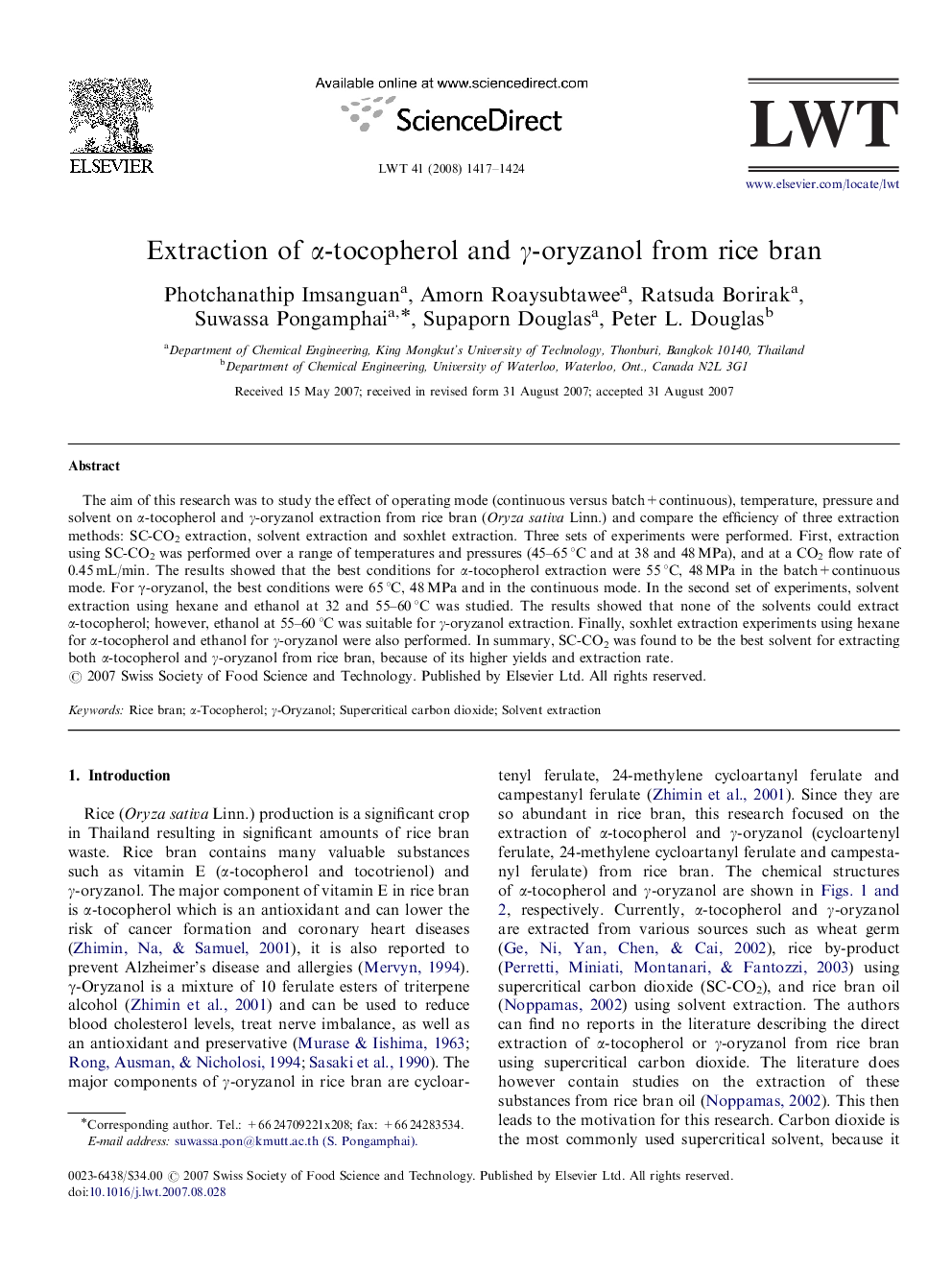 Extraction of α-tocopherol and γ-oryzanol from rice bran