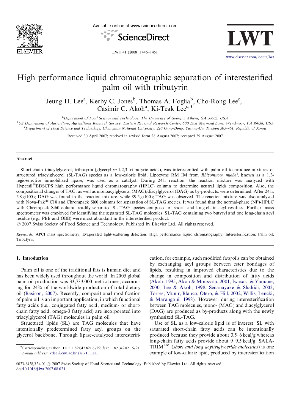 High performance liquid chromatographic separation of interesterified palm oil with tributyrin