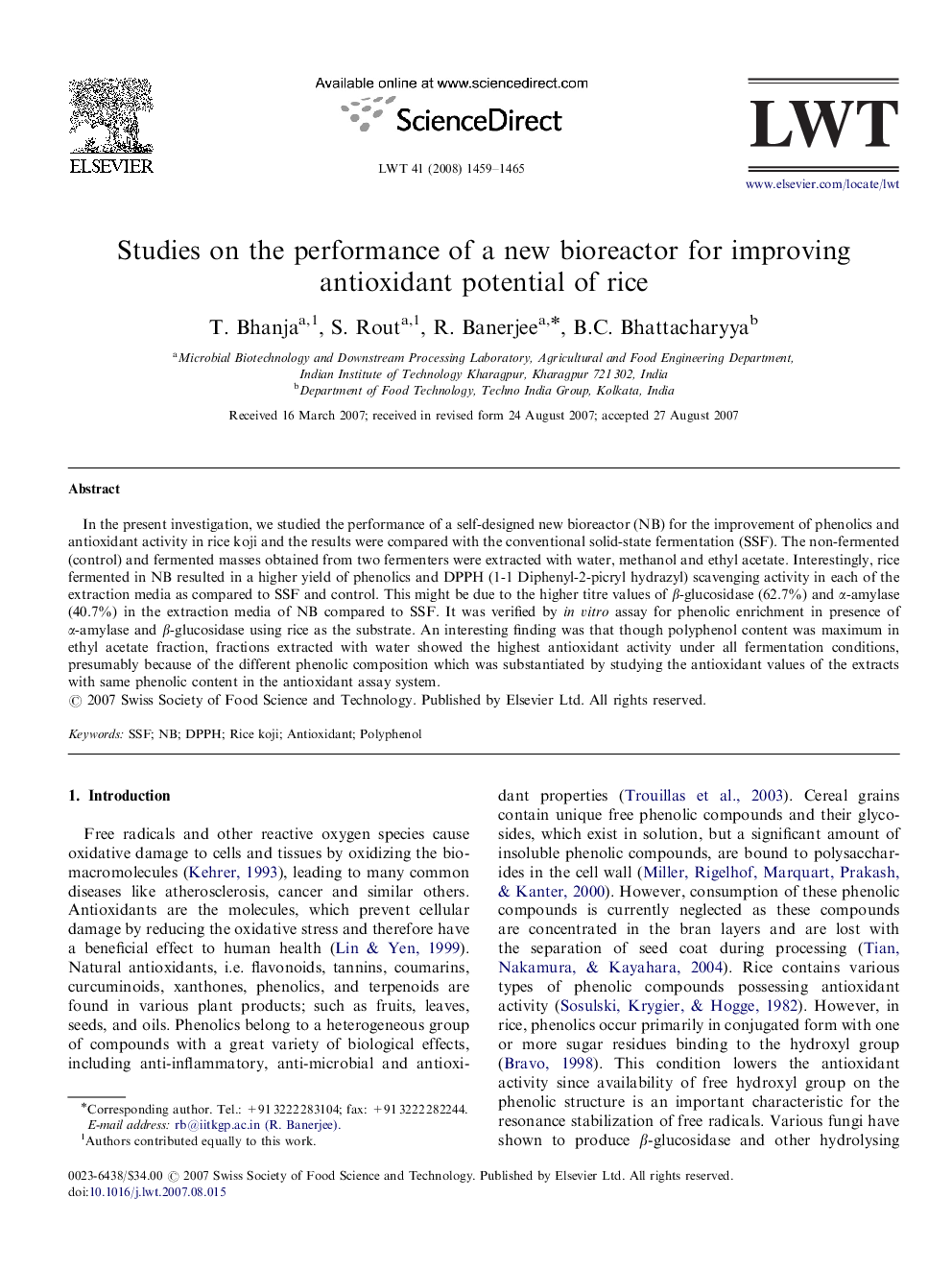 Studies on the performance of a new bioreactor for improving antioxidant potential of rice