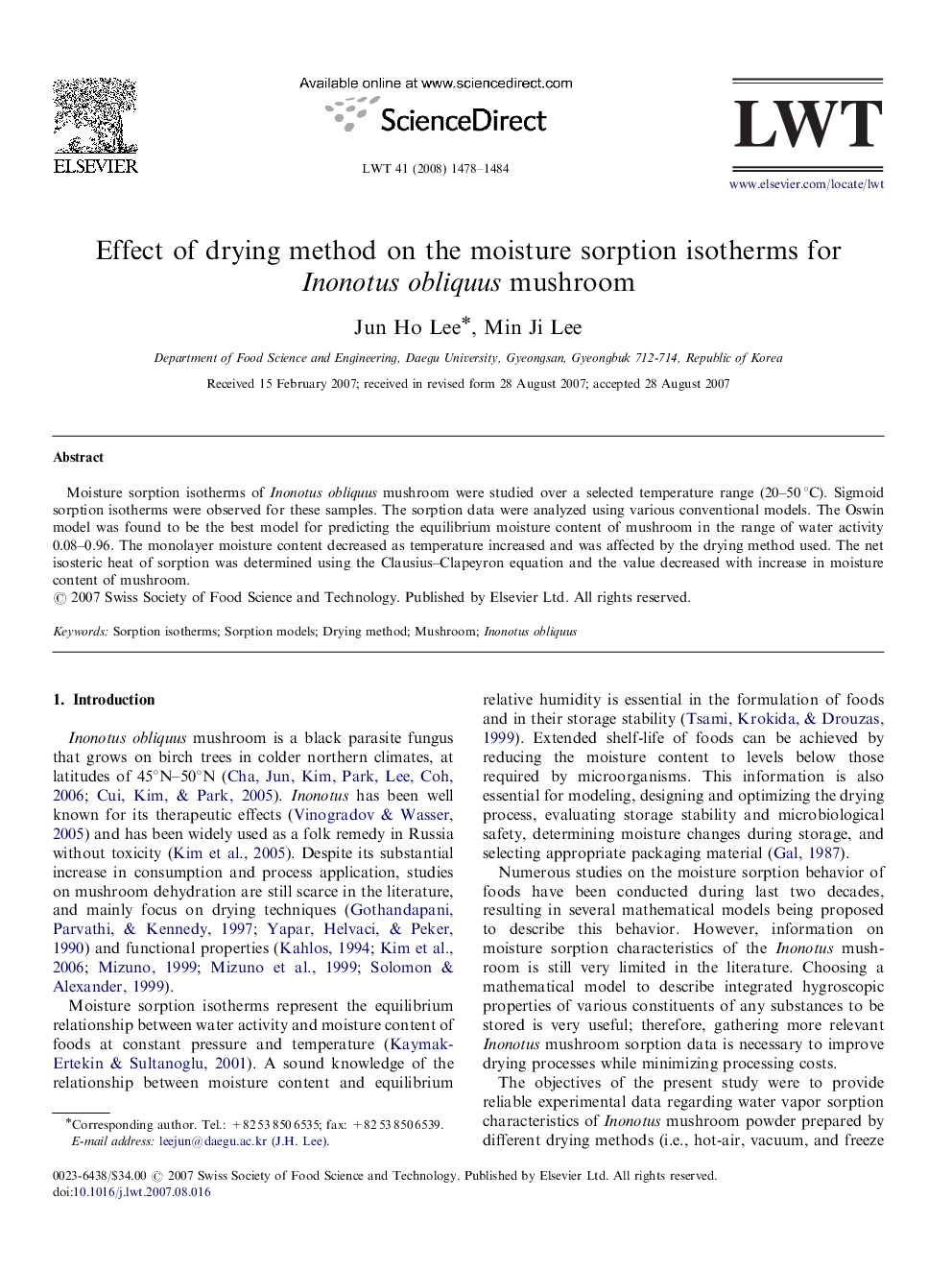 Effect of drying method on the moisture sorption isotherms for Inonotus obliquus mushroom