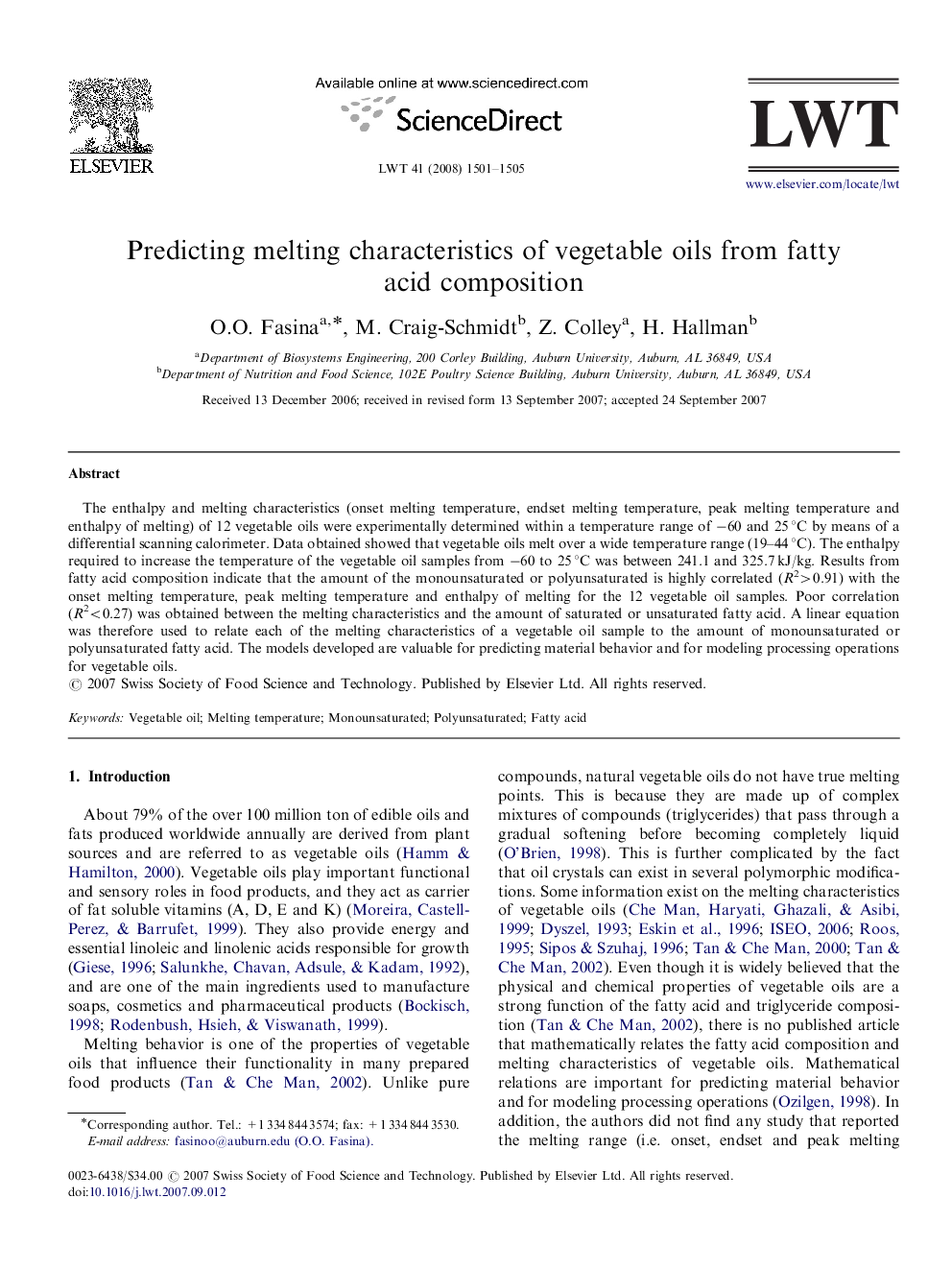 Predicting melting characteristics of vegetable oils from fatty acid composition