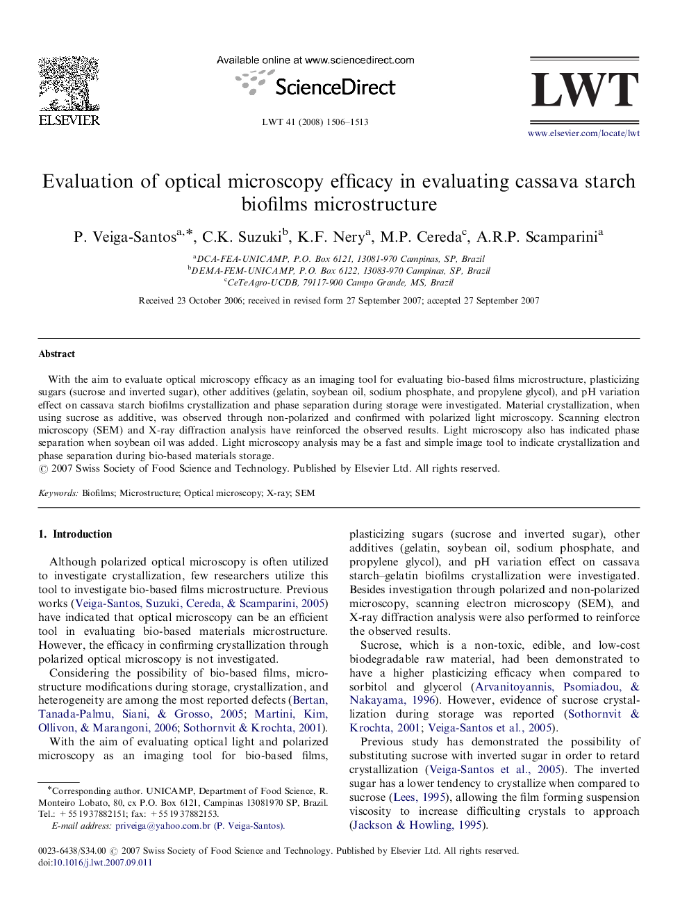 Evaluation of optical microscopy efficacy in evaluating cassava starch biofilms microstructure