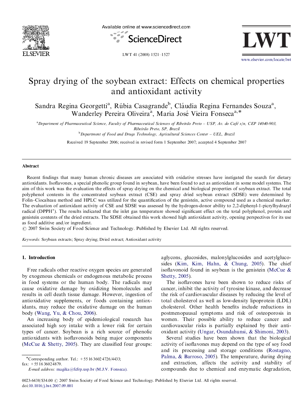 Spray drying of the soybean extract: Effects on chemical properties and antioxidant activity