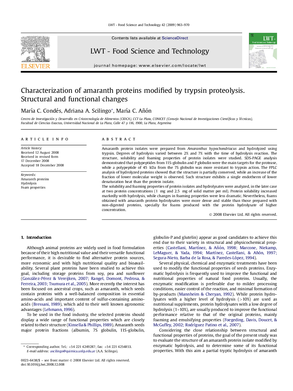 Characterization of amaranth proteins modified by trypsin proteolysis. Structural and functional changes