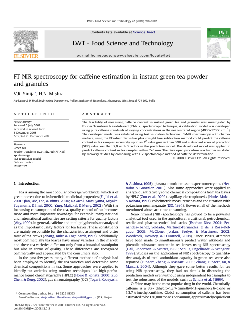 FT-NIR spectroscopy for caffeine estimation in instant green tea powder and granules