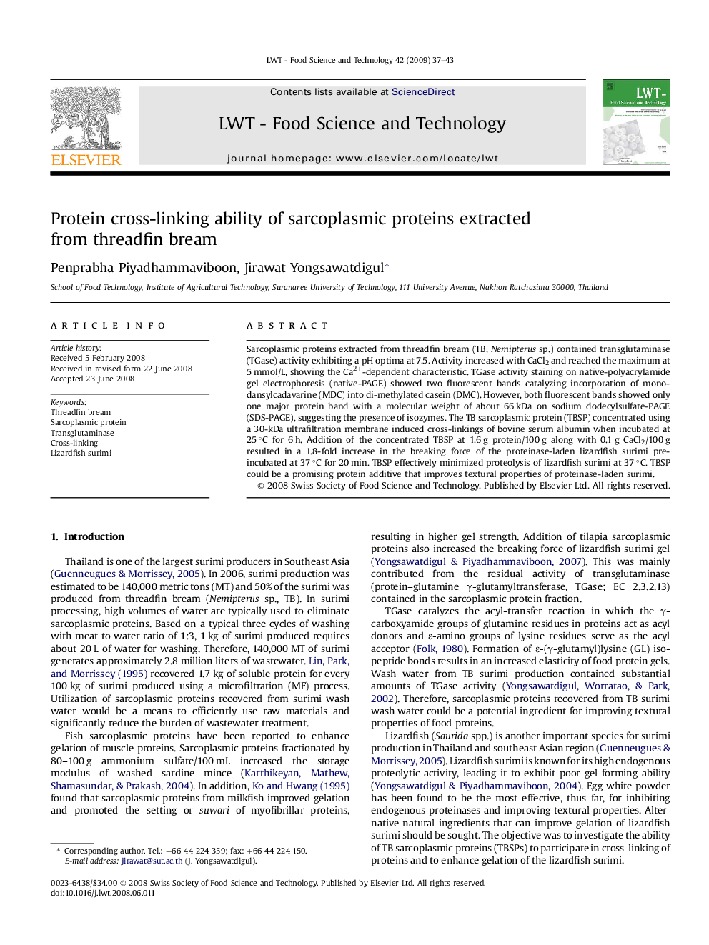 Protein cross-linking ability of sarcoplasmic proteins extracted from threadfin bream