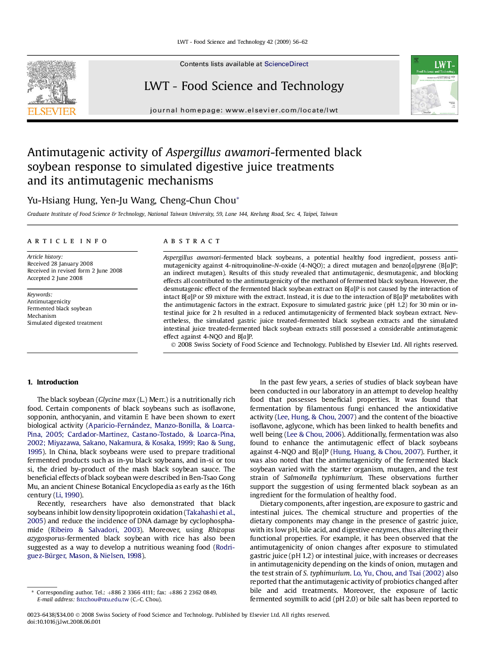 Antimutagenic activity of Aspergillus awamori-fermented black soybean response to simulated digestive juice treatments and its antimutagenic mechanisms