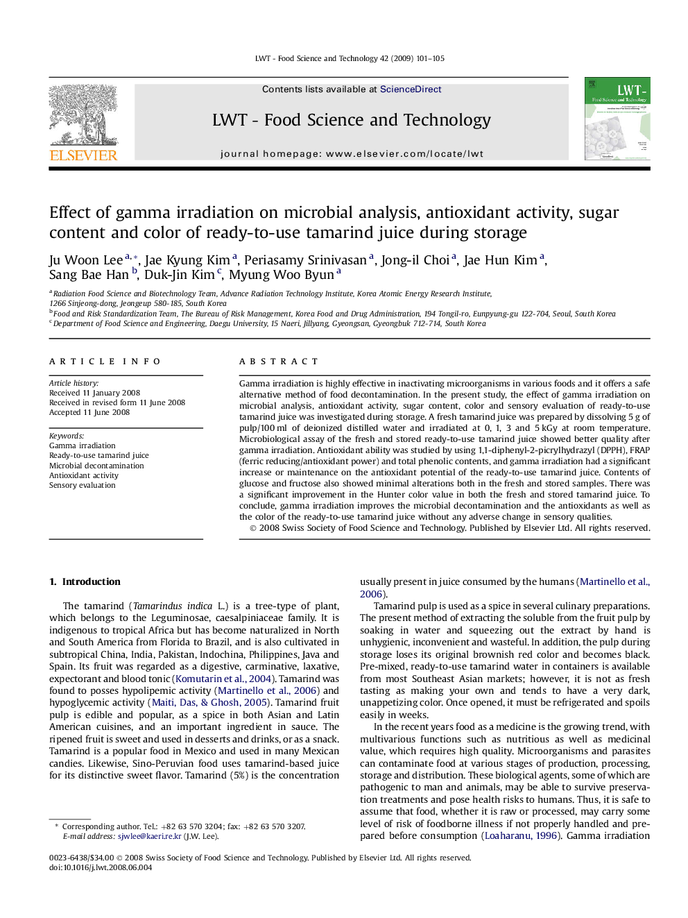 Effect of gamma irradiation on microbial analysis, antioxidant activity, sugar content and color of ready-to-use tamarind juice during storage