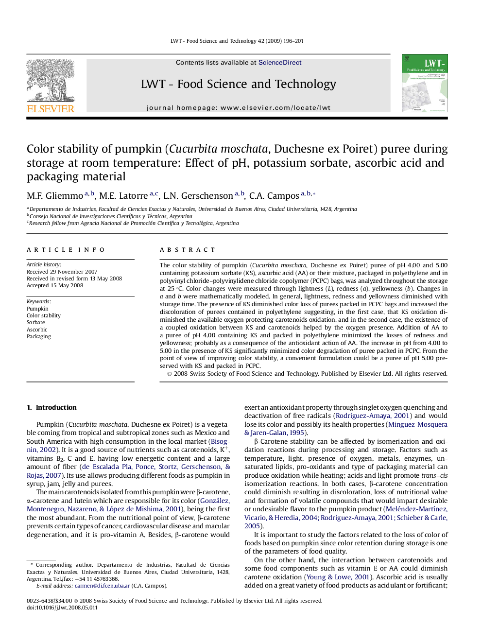 Color stability of pumpkin (Cucurbita moschata, Duchesne ex Poiret) puree during storage at room temperature: Effect of pH, potassium sorbate, ascorbic acid and packaging material