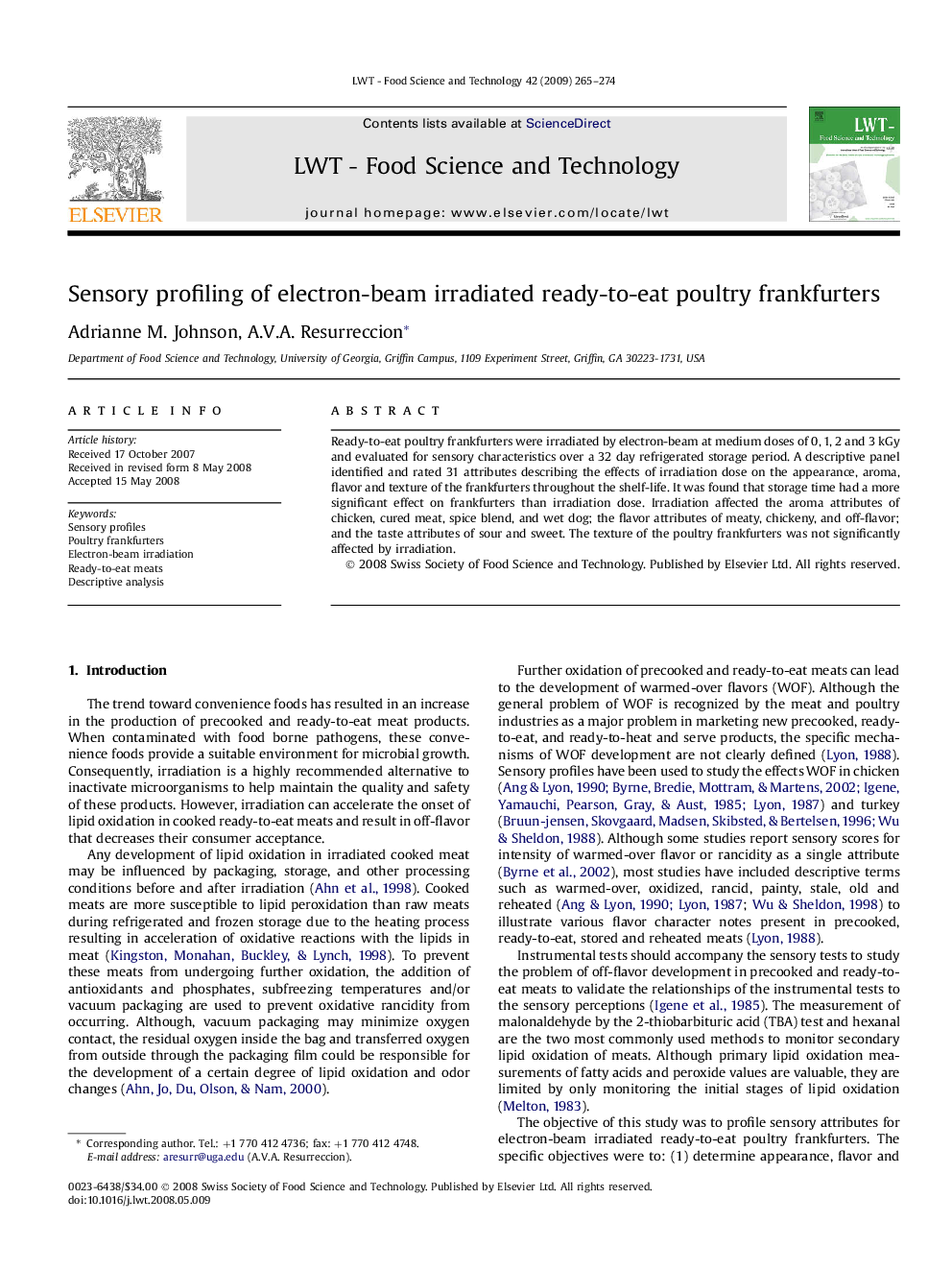 Sensory profiling of electron-beam irradiated ready-to-eat poultry frankfurters