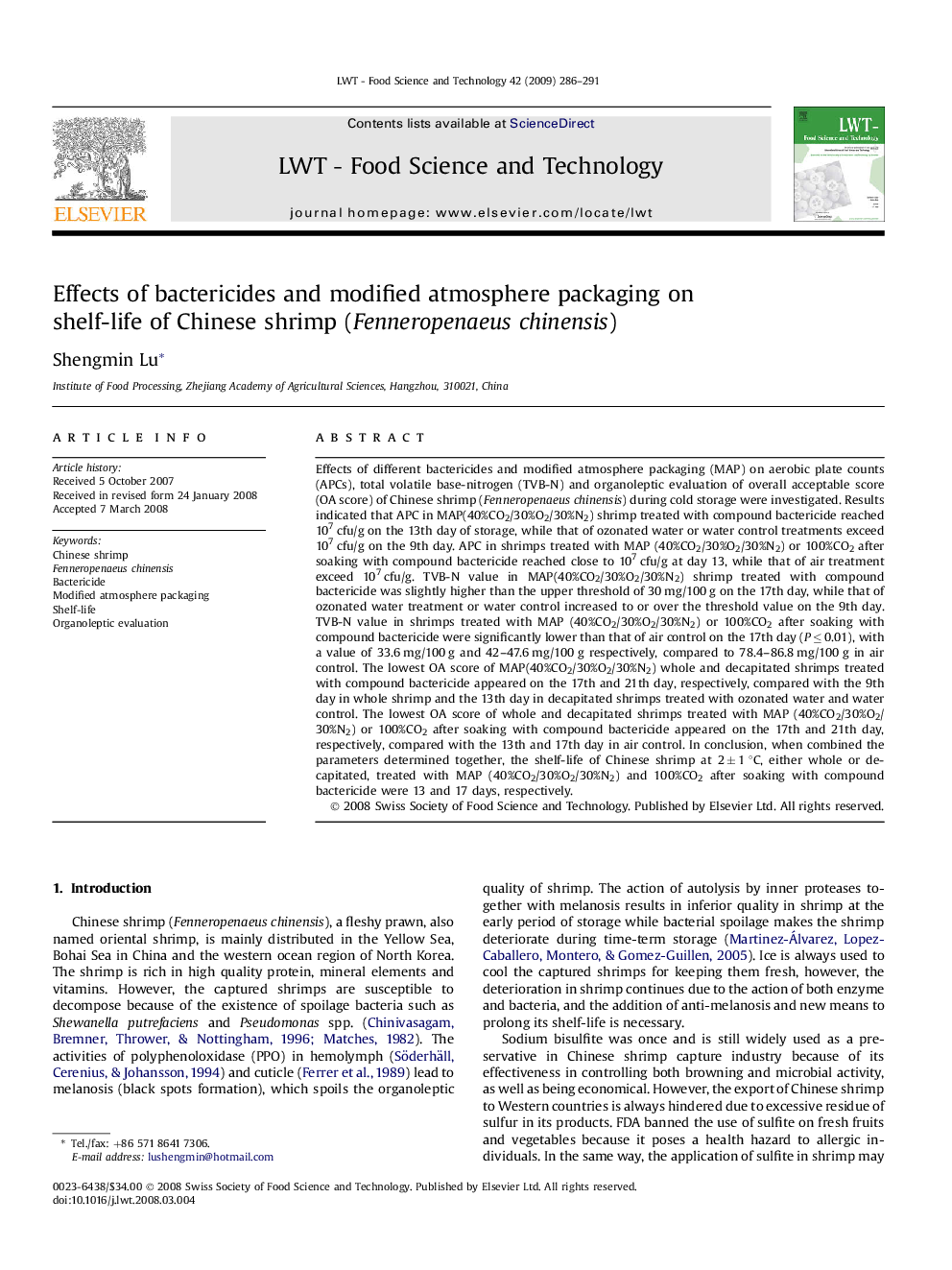 Effects of bactericides and modified atmosphere packaging on shelf-life of Chinese shrimp (Fenneropenaeus chinensis)