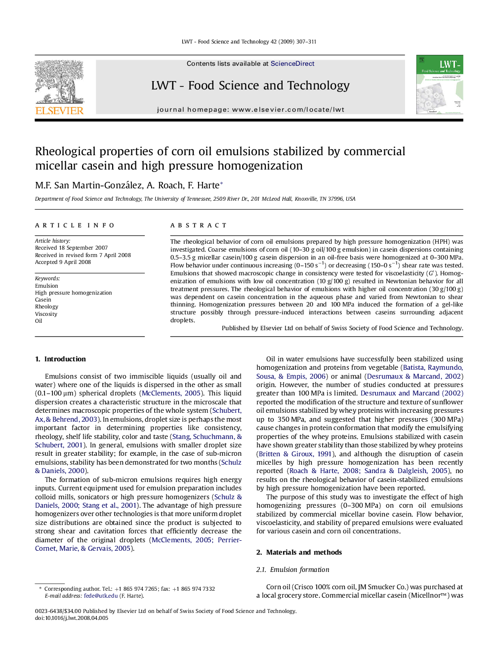 Rheological properties of corn oil emulsions stabilized by commercial micellar casein and high pressure homogenization