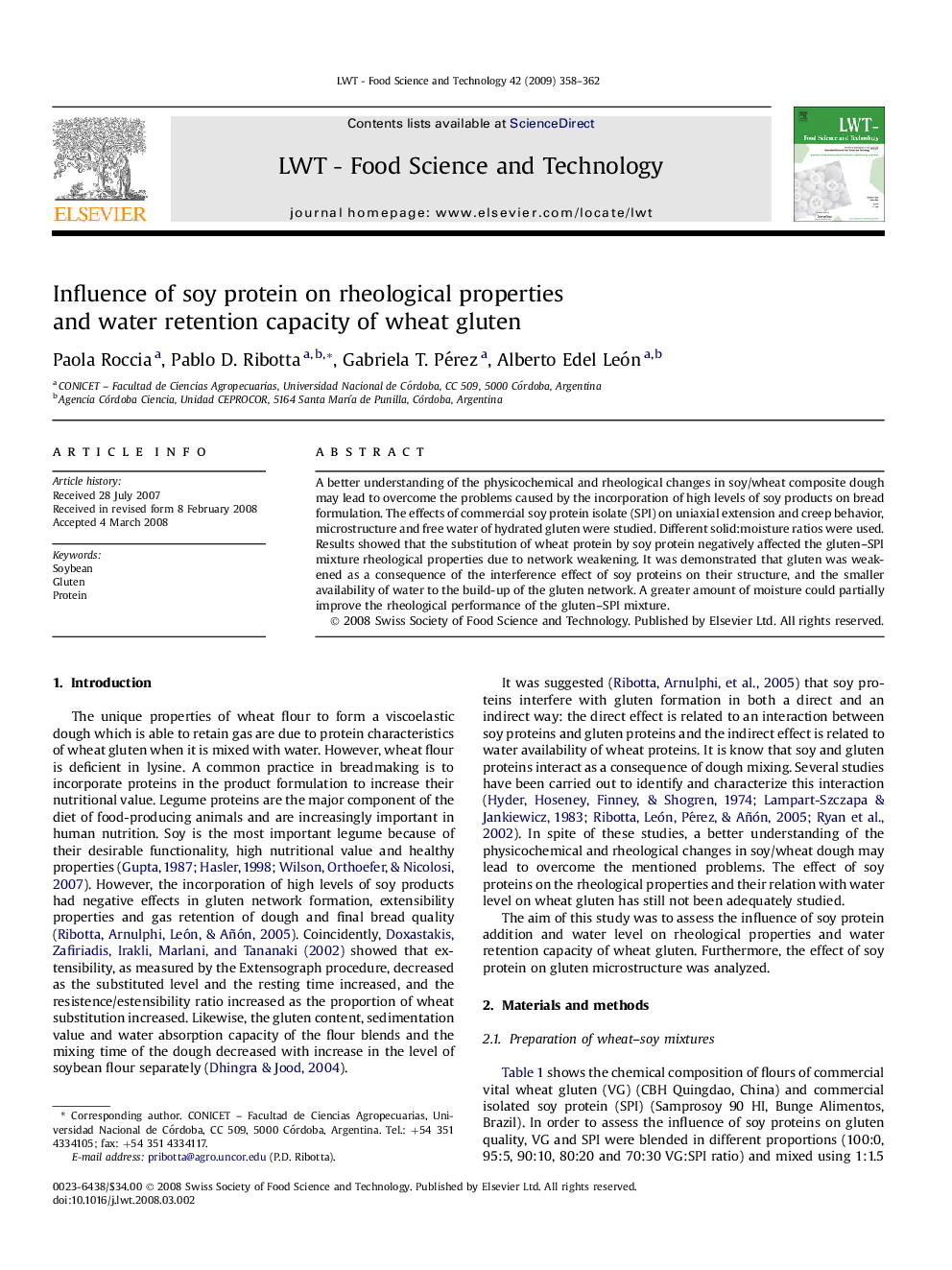 Influence of soy protein on rheological properties and water retention capacity of wheat gluten