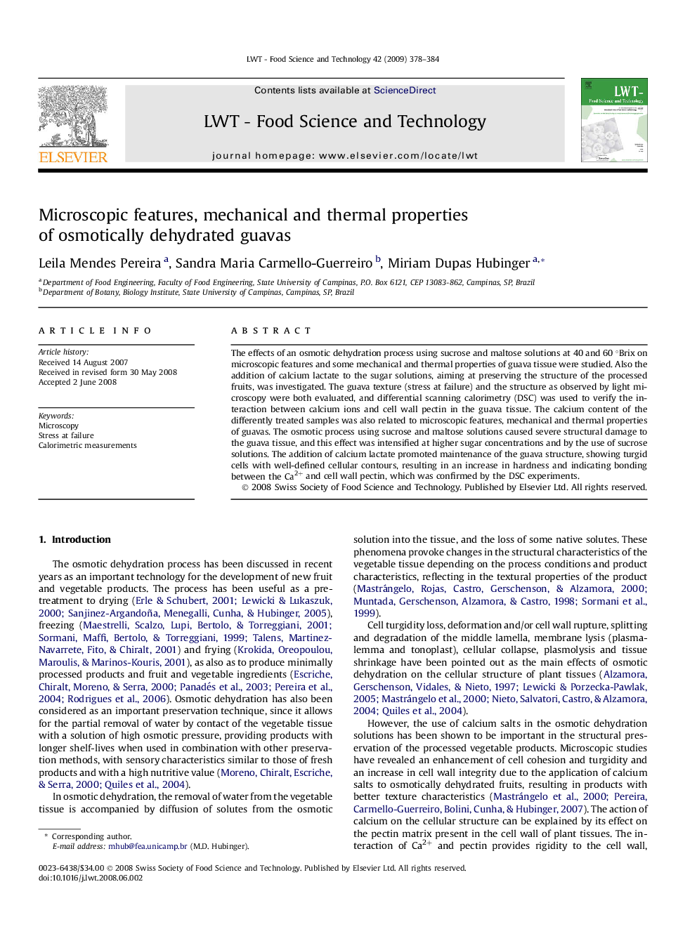 Microscopic features, mechanical and thermal properties of osmotically dehydrated guavas