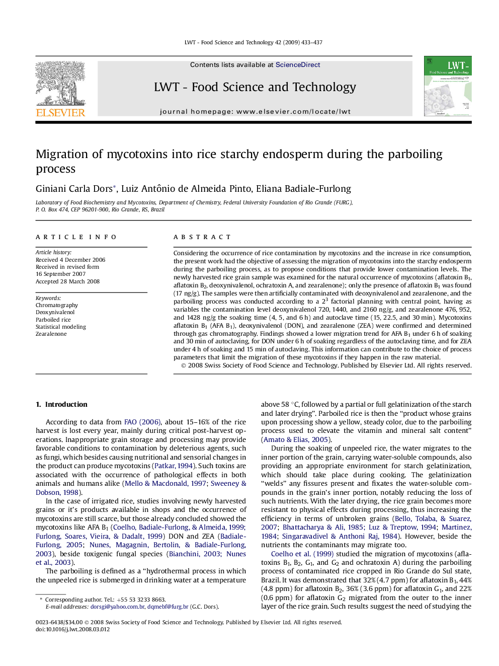 Migration of mycotoxins into rice starchy endosperm during the parboiling process