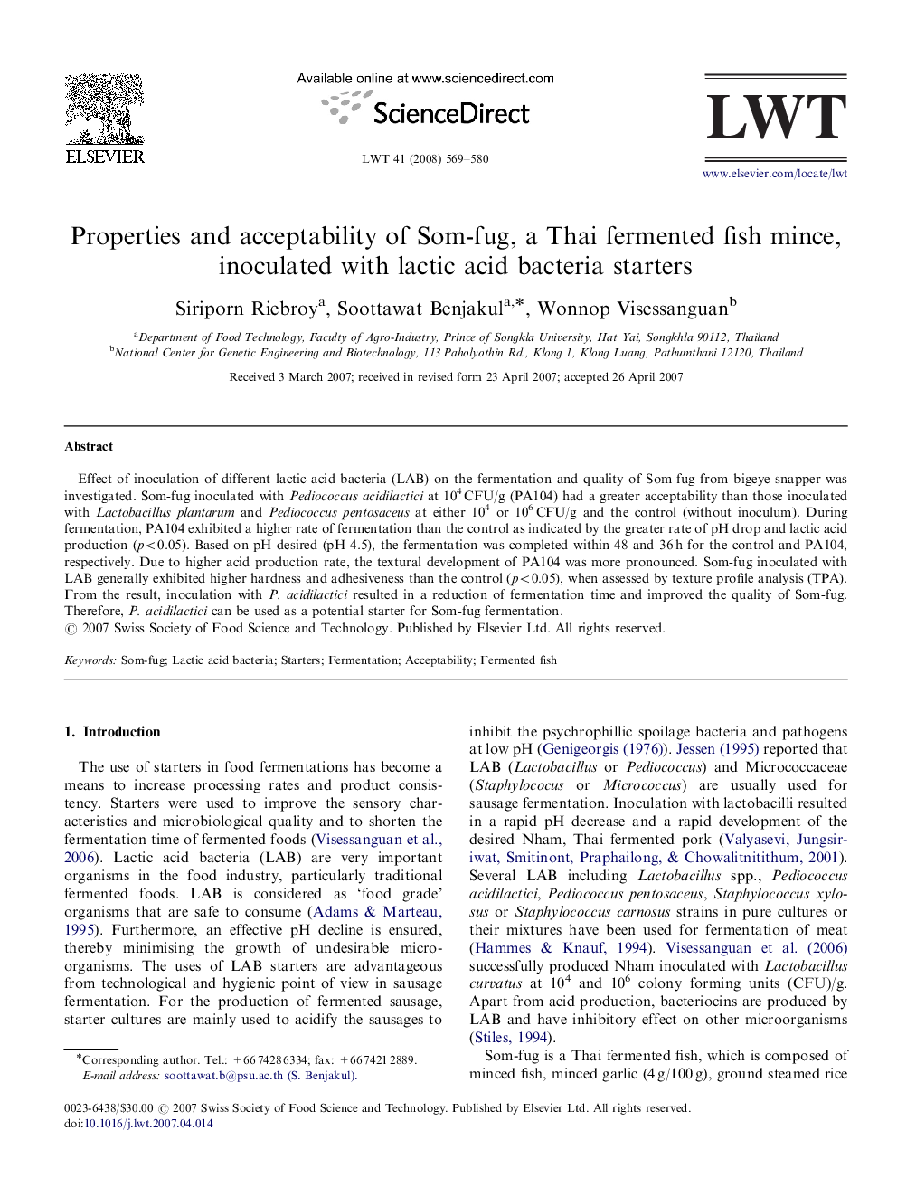 Properties and acceptability of Som-fug, a Thai fermented fish mince, inoculated with lactic acid bacteria starters