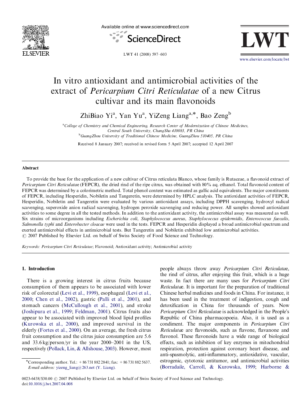 In vitro antioxidant and antimicrobial activities of the extract of Pericarpium Citri Reticulatae of a new Citrus cultivar and its main flavonoids