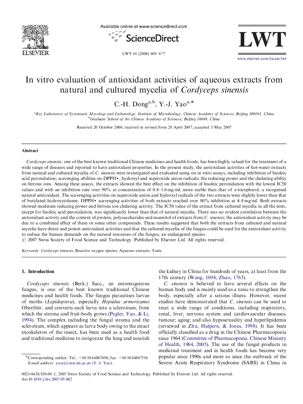 عکس صفحه اول مقاله: In vitro evaluation of antioxidant activities of aqueous extracts from natural and cultured mycelia of Cordyceps sinensis In vitro evaluation of antioxidant activities of aqueous extracts from natural and cultured mycelia of Cordyceps sinensis