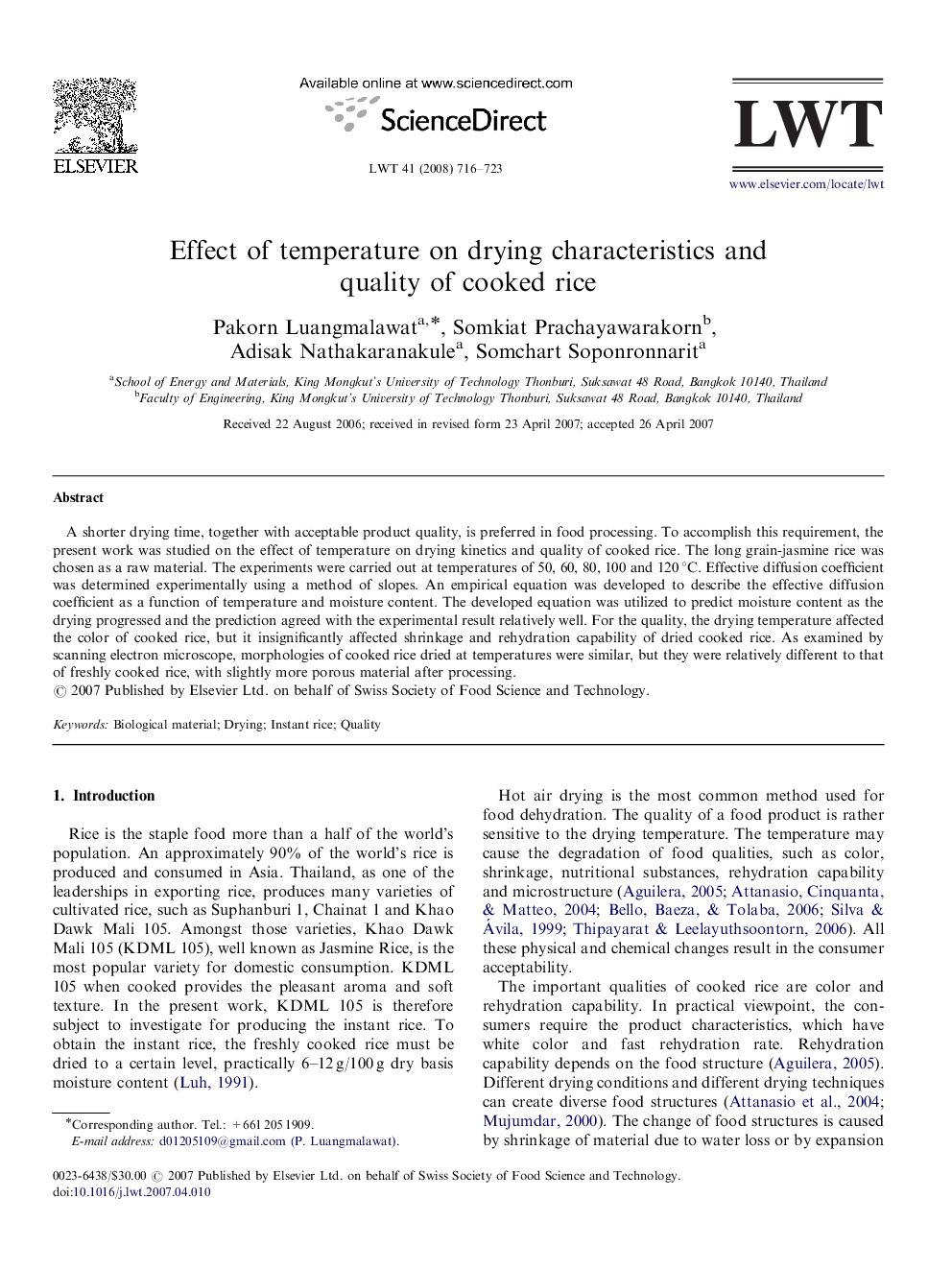 Effect of temperature on drying characteristics and quality of cooked rice