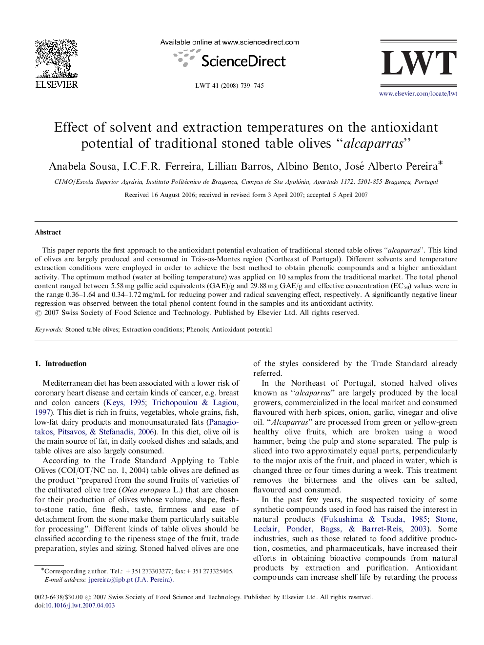 Effect of solvent and extraction temperatures on the antioxidant potential of traditional stoned table olives “alcaparras”